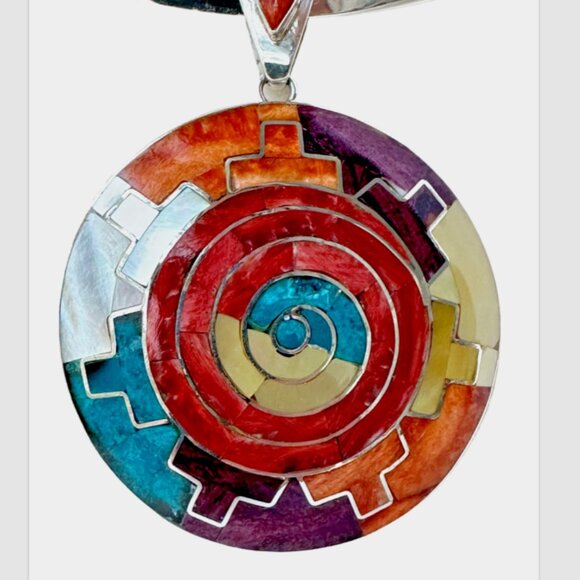 Peruvian 950 Sterling Silver Mosaic Pendant 2” | Turquoise Mother of Pearl Inlay - Picture 2 of 13